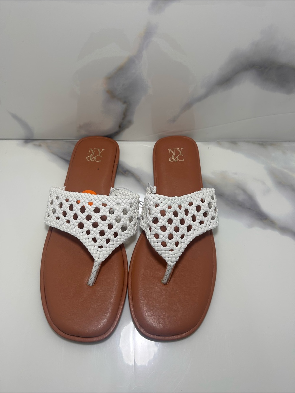 New York & Company White Crochet Toe-Post Sandals with Brown Footbed